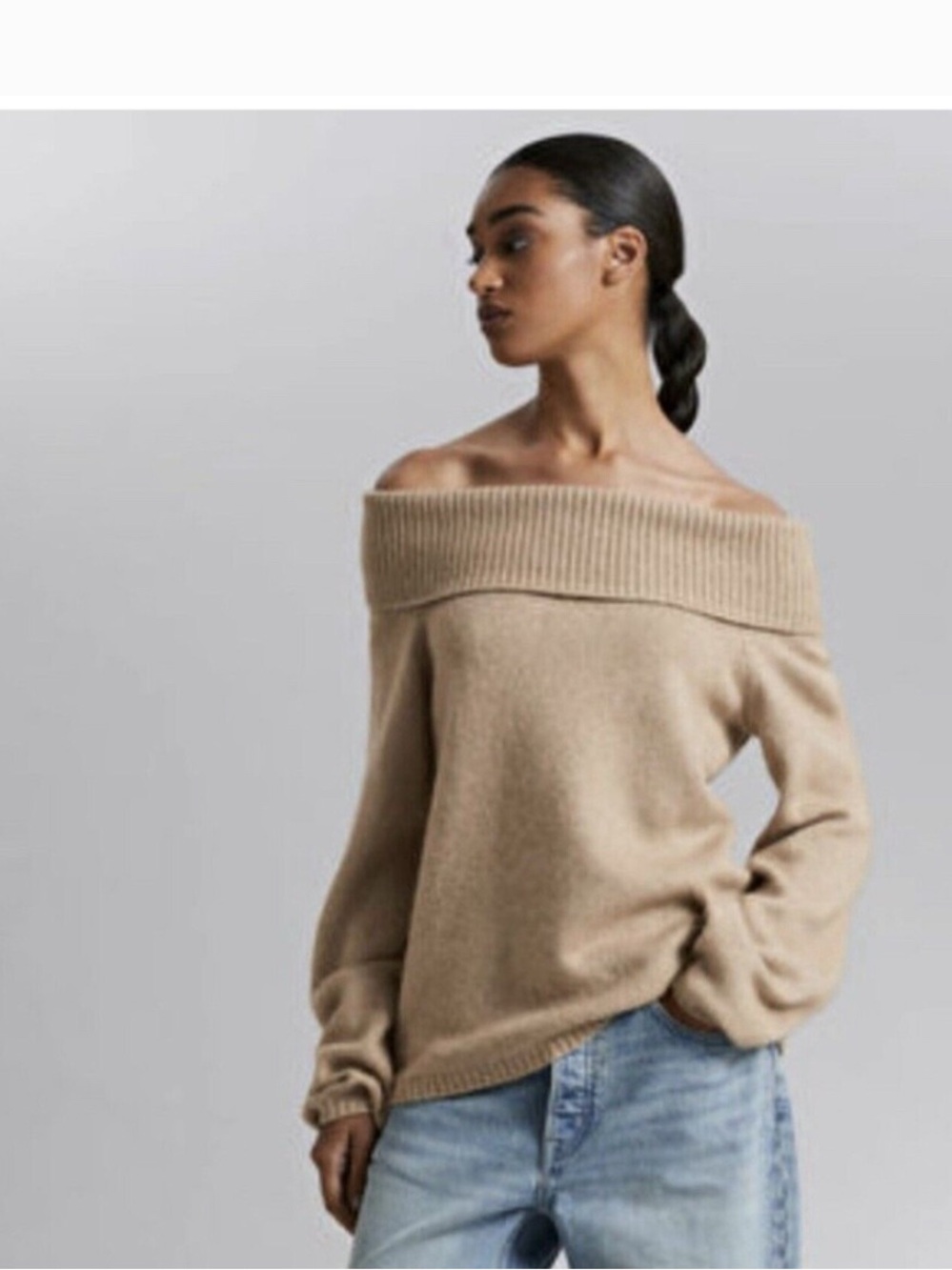 & Other Stories Fold-Over Off-the-Shoulder Sweater in Camel